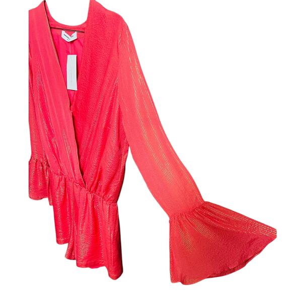 Amanda Uprichard NEW Seraphina Silk Romper Coral Gold Bell Sleeves Size Large - Picture 6 of 11